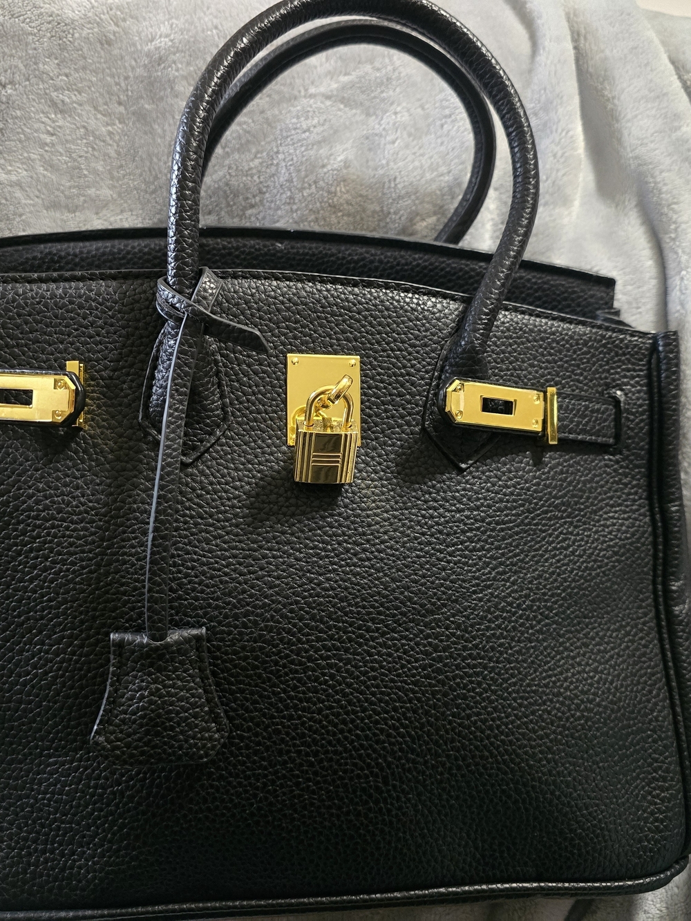 Black Leather Tote Handbag with Gold Hardware